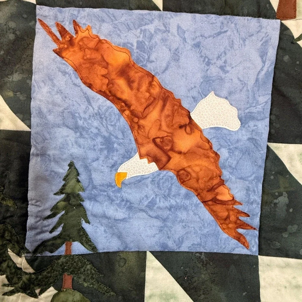 Handmade Wall Quilt Fiber Art, Eagles, Pine Forest Cabincore Lodge, Nature Lover